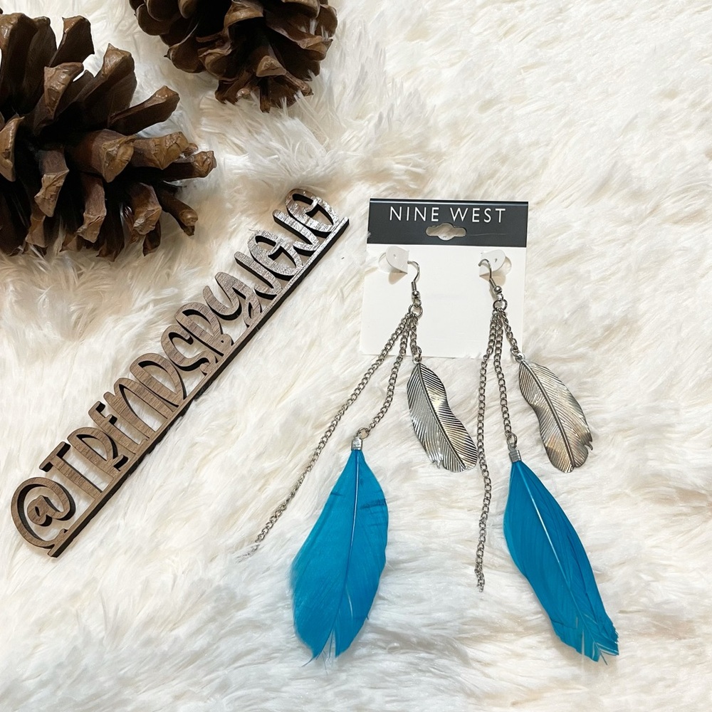 Nine West Women’s Earrings Blue Silver Feathers